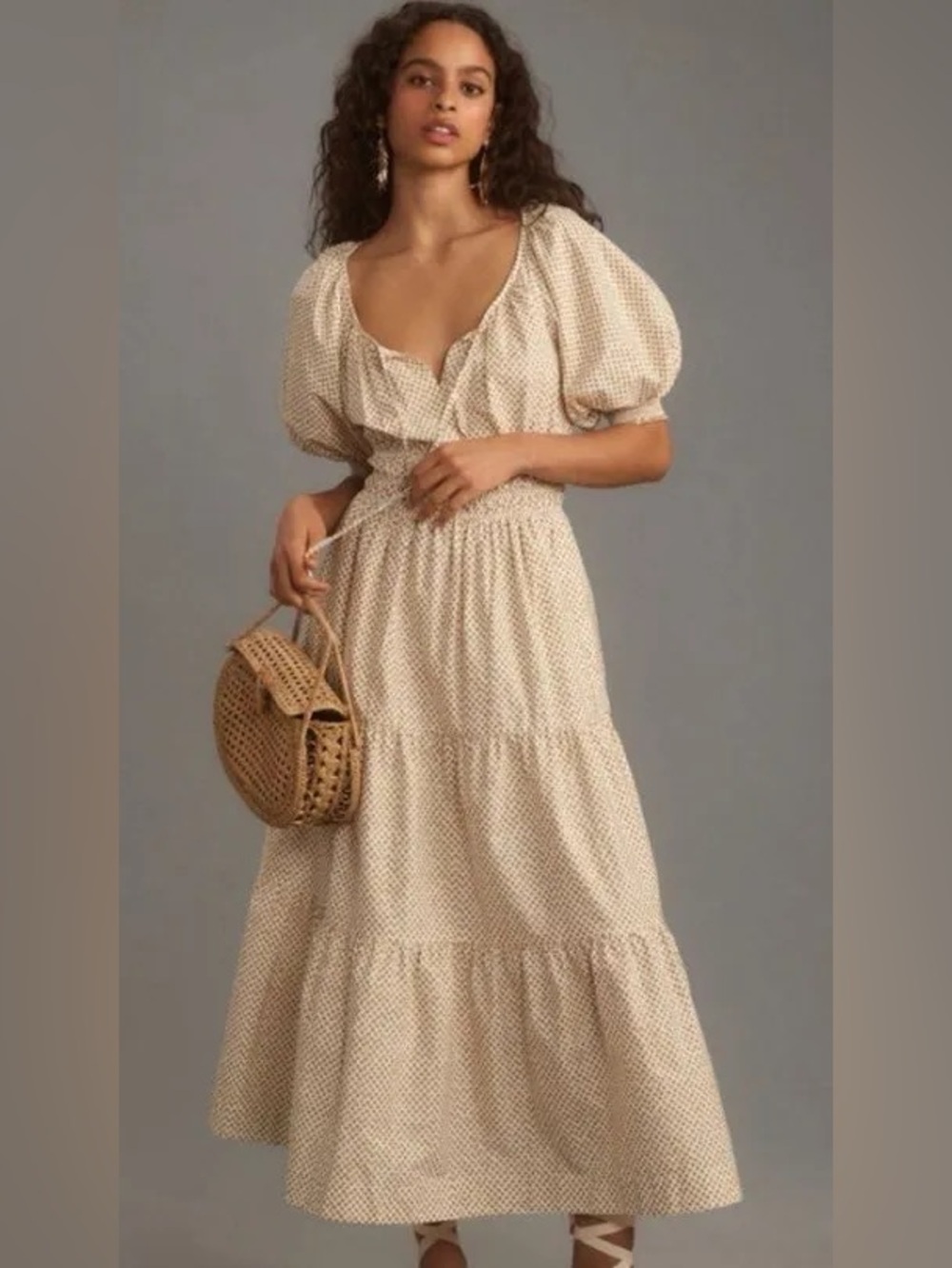 Anthropologie Cream Puff-Sleeve Tiered Maxi Dress